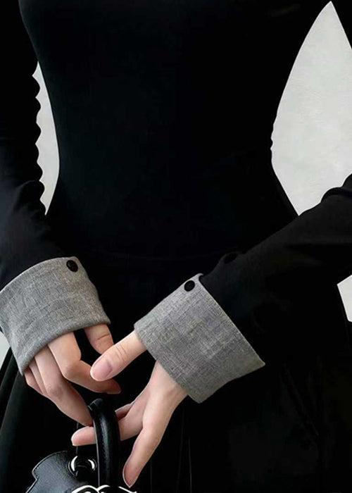 Slim Fit Black Peter Pan Collar False Two Pieces Patchwork Cotton T Shirts Spring