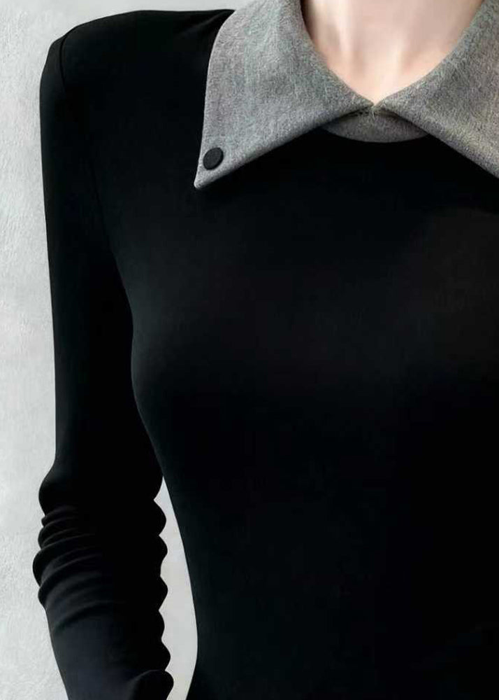 Slim Fit Black Peter Pan Collar False Two Pieces Patchwork Cotton T Shirts Spring