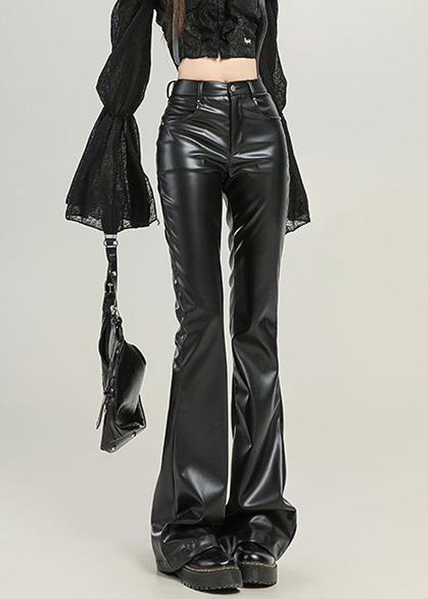 Slim Fit Black Pockets High Waist Faux Leather Flared Trousers Spring