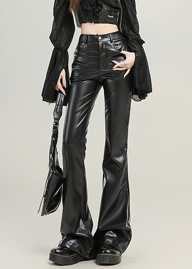 Slim Fit Black Pockets High Waist Faux Leather Flared Trousers Spring