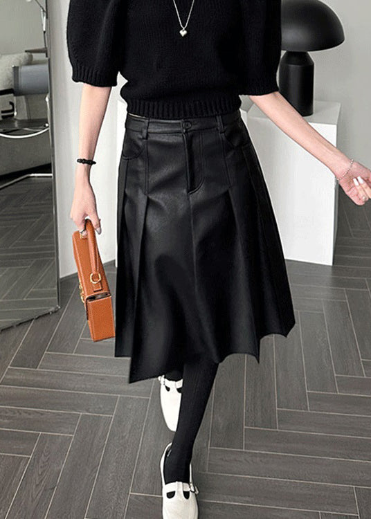 Slim Fit Black Pockets High Waist Faux Leather Skirt Fall