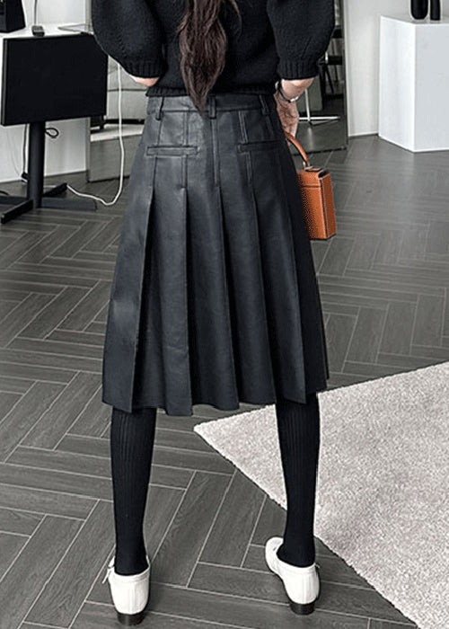 Slim Fit Black Pockets High Waist Faux Leather Skirt Fall