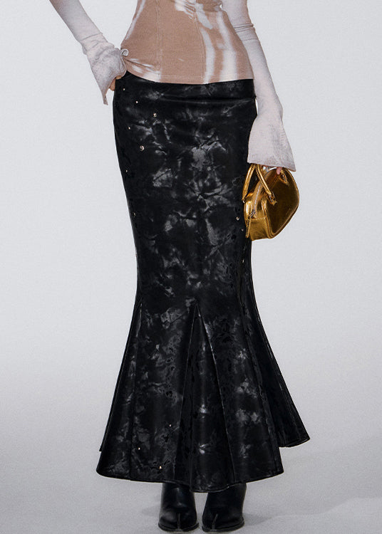 Slim Fit Black Print High Waist Faux Leather Fishtail Skirts Fall