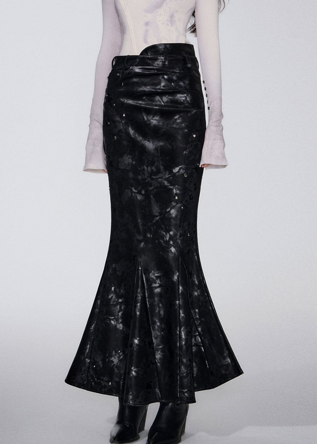 Slim Fit Black Print High Waist Faux Leather Fishtail Skirts Fall