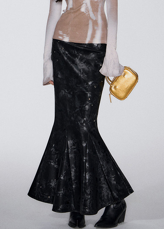 Slim Fit Black Print High Waist Faux Leather Fishtail Skirts Fall