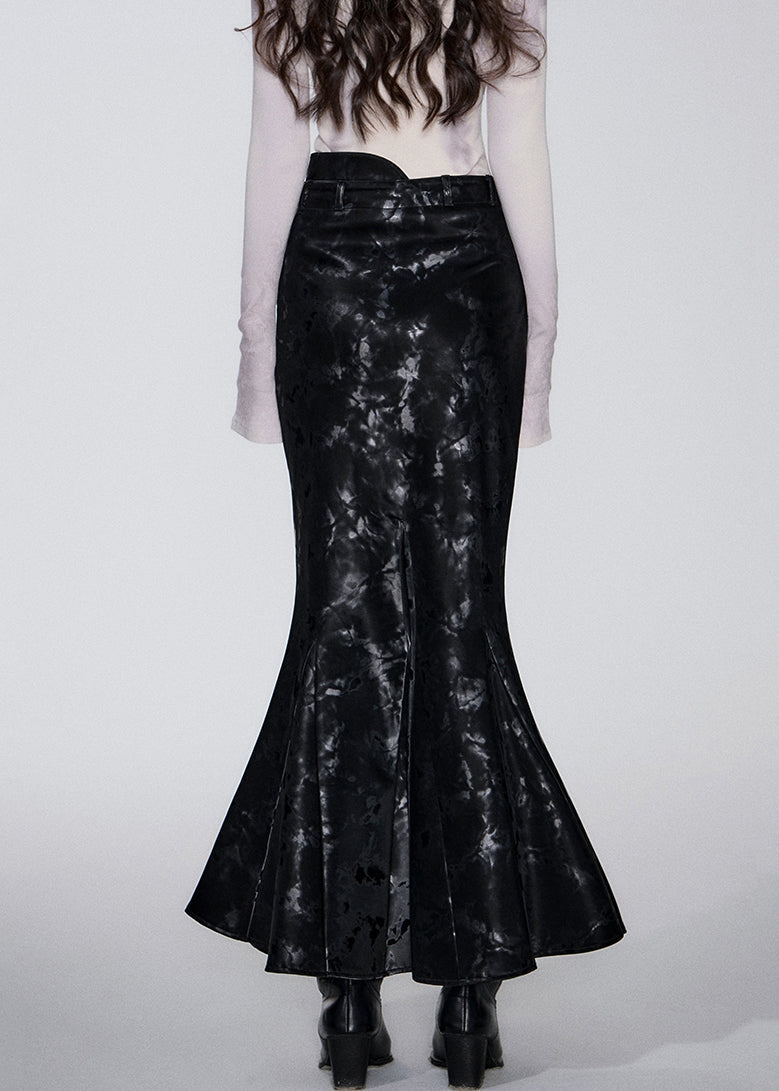 Slim Fit Black Print High Waist Faux Leather Fishtail Skirts Fall
