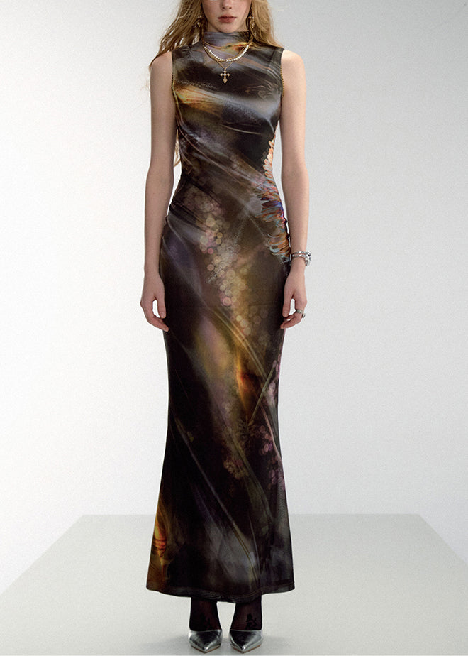 Slim Fit Black Print High Waist Tulle Long Dresses Sleeveless