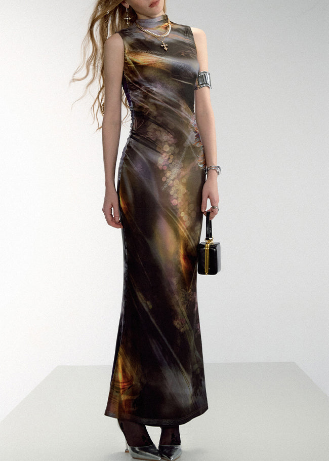 Slim Fit Black Print High Waist Tulle Long Dresses Sleeveless