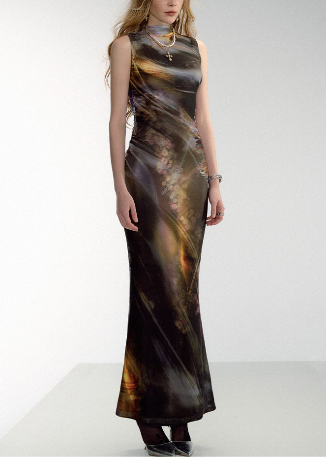 Slim Fit Black Print High Waist Tulle Long Dresses Sleeveless