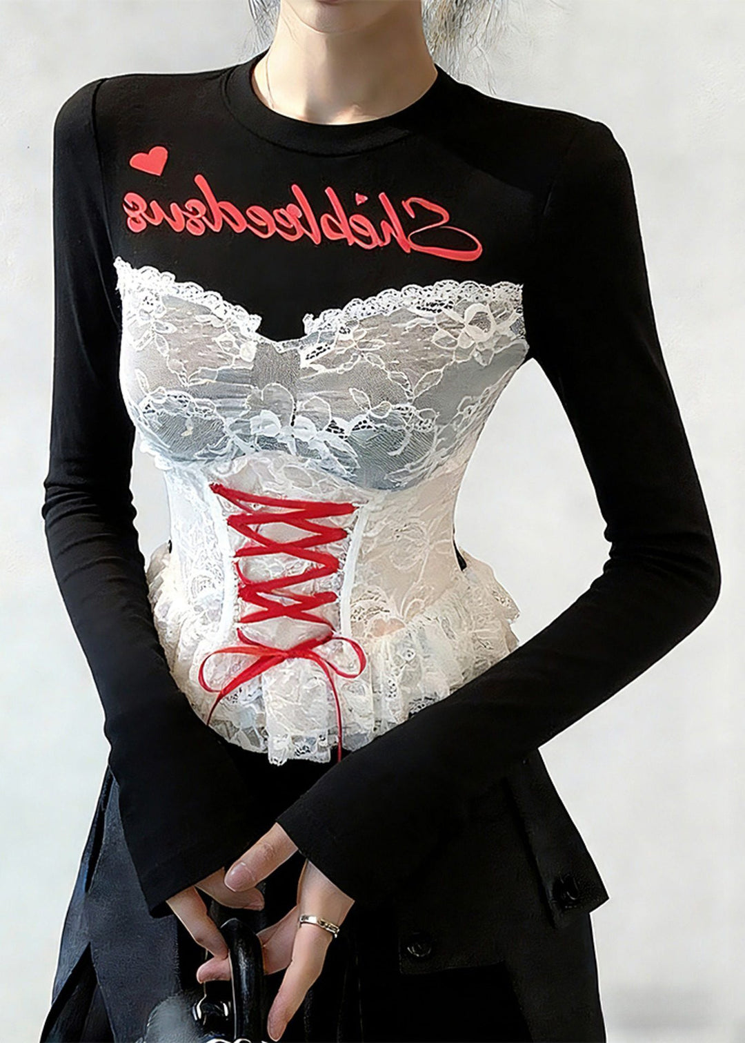 Slim Fit Black Print Lace Patchwork False Two Pieces T Shirt Spring