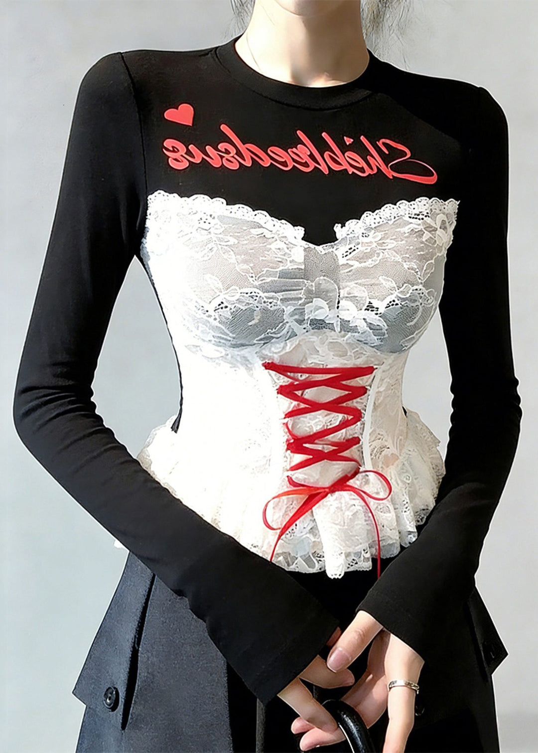 Slim Fit Black Print Lace Patchwork False Two Pieces T Shirt Spring