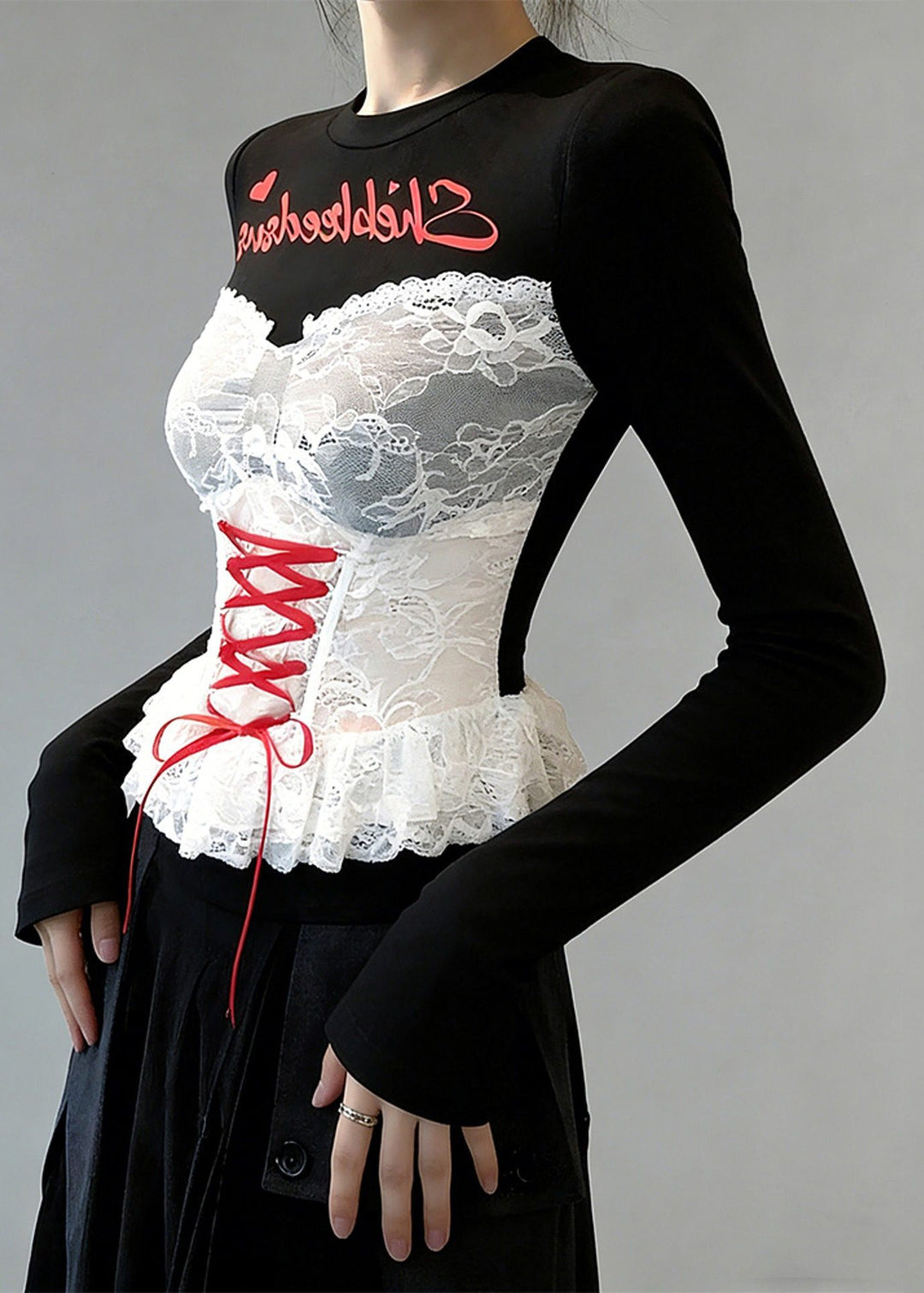 Slim Fit Black Print Lace Patchwork False Two Pieces T Shirt Spring