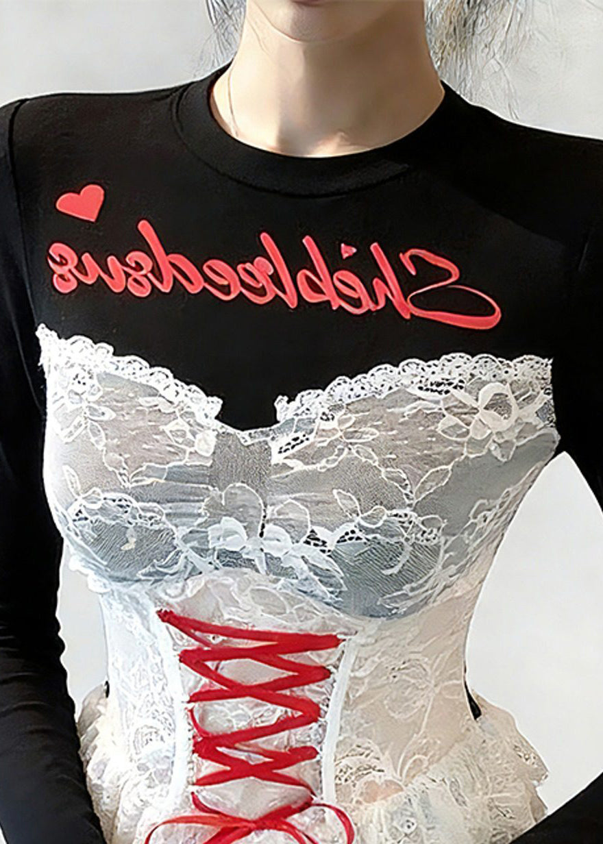 Slim Fit Black Print Lace Patchwork False Two Pieces T Shirt Spring
