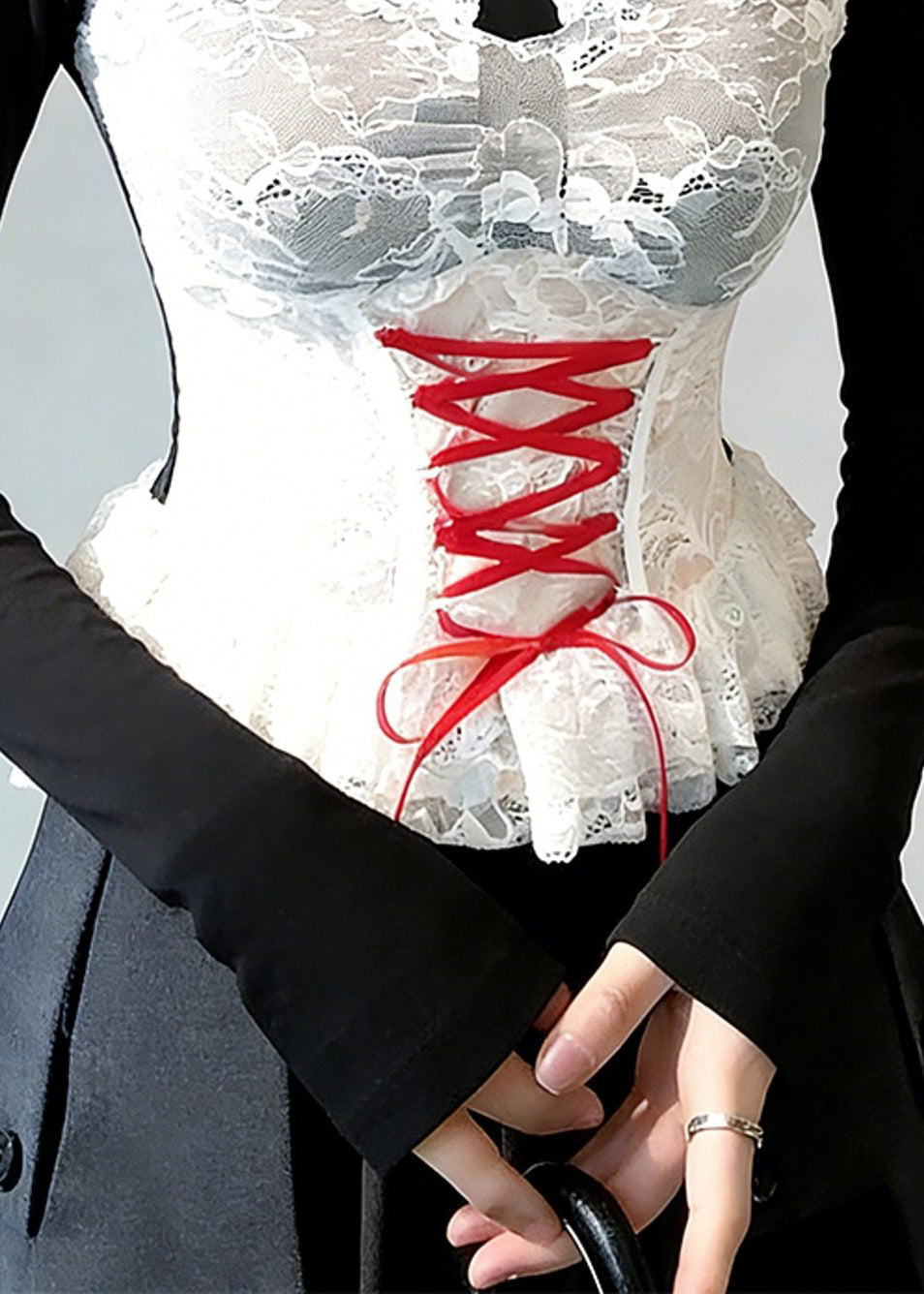 Slim Fit Black Print Lace Patchwork False Two Pieces T Shirt Spring