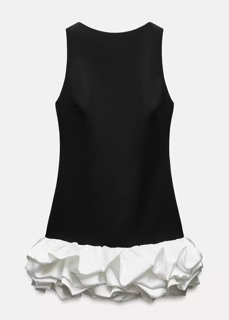 Slim Fit Black Ruffled Patchwork Cotton Mini Dress Sleeveless