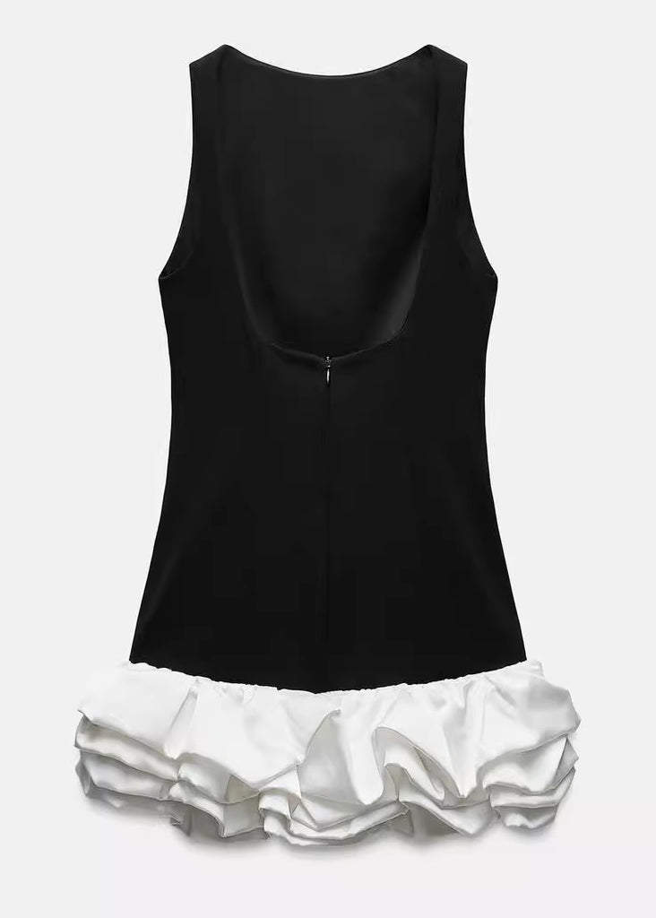Slim Fit Black Ruffled Patchwork Cotton Mini Dress Sleeveless
