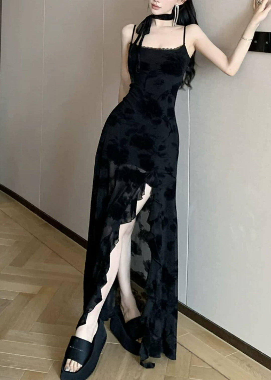 Slim Fit Black Ruffled Side Open Lace Long Spaghetti Strap Dress Sleeveless