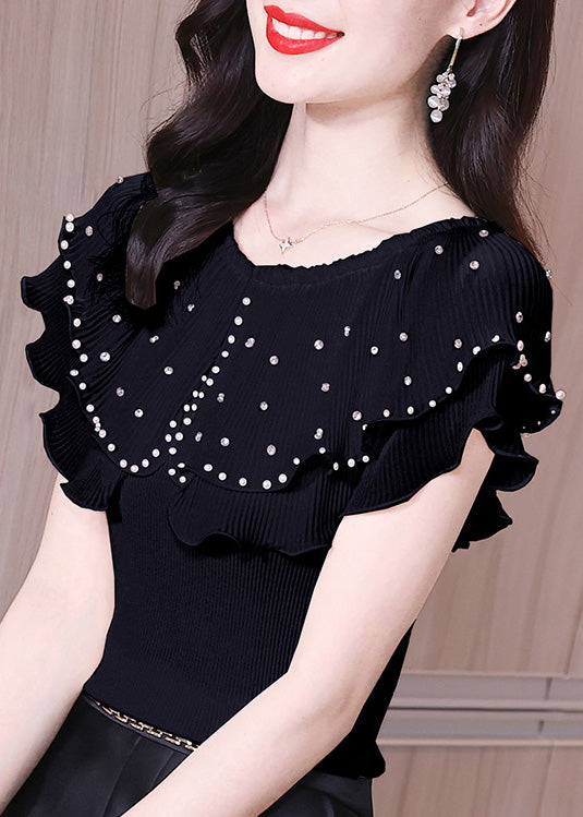 Slim Fit Black Ruffled Zircon Knit T Shirt Summer