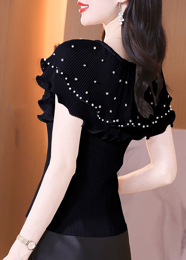 Slim Fit Black Ruffled Zircon Knit T Shirt Summer