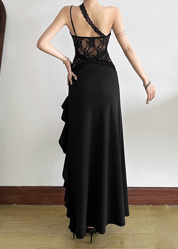 Slim Fit Black Sheer Asymmetrical Long Dress Summer