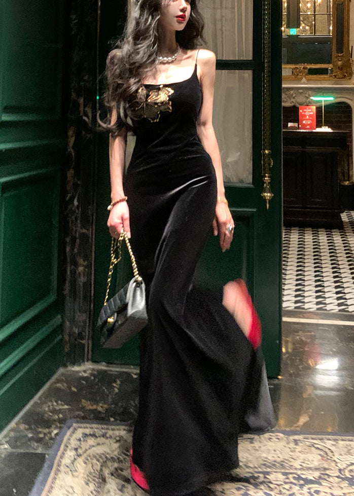Slim Fit Black Side Open Silk Velvet Spaghetti Strap Dress Sleeveless