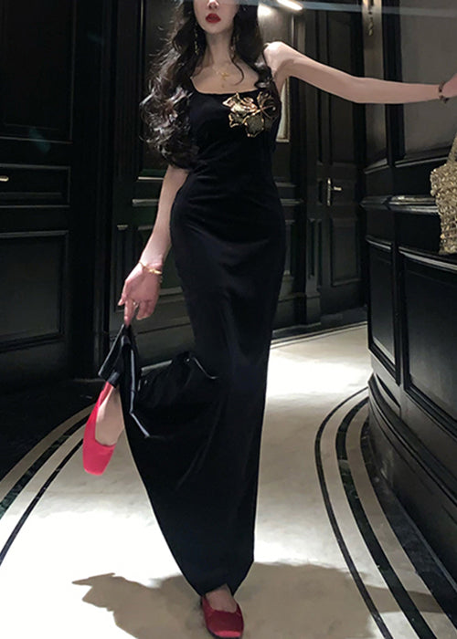 Slim Fit Black Side Open Silk Velvet Spaghetti Strap Dress Sleeveless