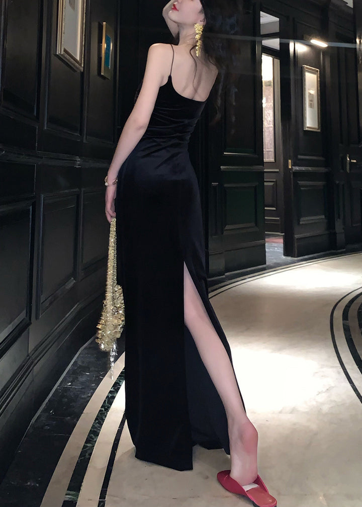 Slim Fit Black Side Open Silk Velvet Spaghetti Strap Dress Sleeveless