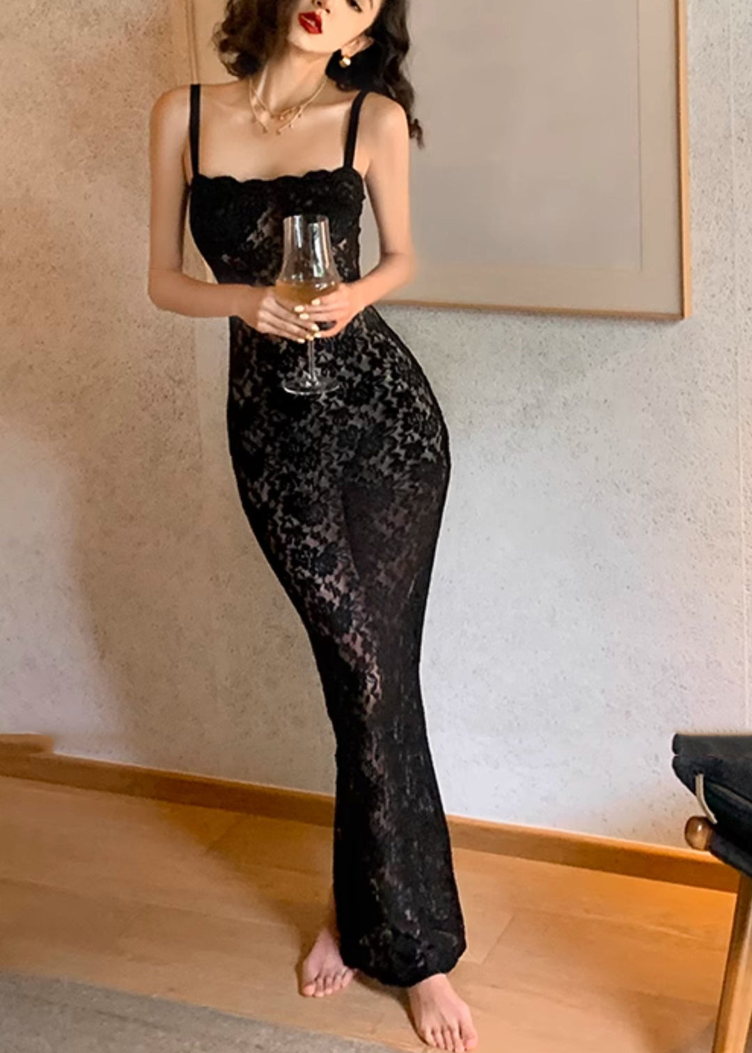 Slim Fit Black Slash Neck Lace Long Spaghetti Strap Dress Summer