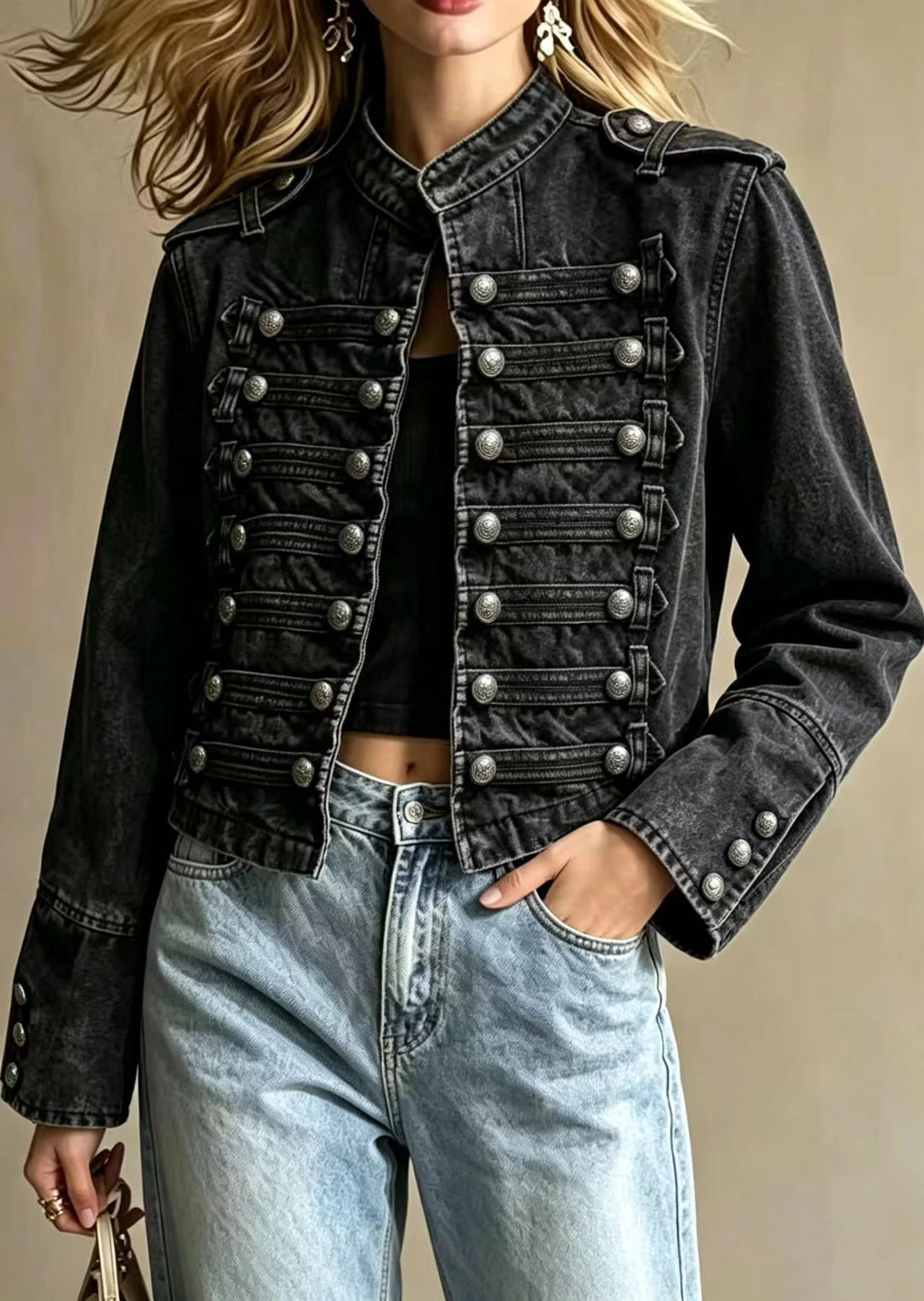Slim Fit Black Stand Collar Multi-Row Buttons Cropped Denim Jacket Fall