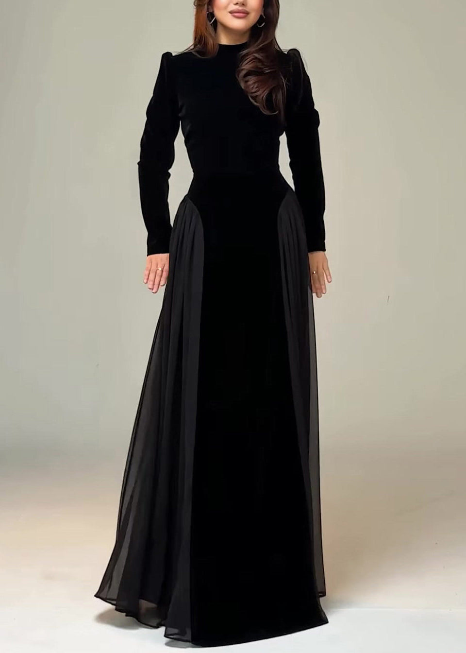 Slim Fit Black Tie Waist Chiffon Patchwork Maxi Dress Spring