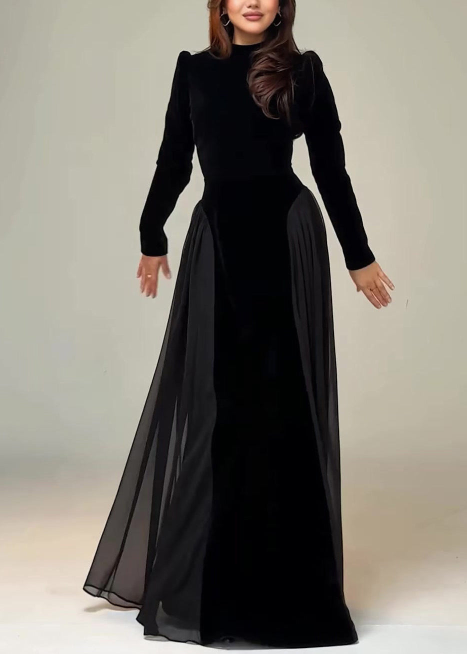 Slim Fit Black Tie Waist Chiffon Patchwork Maxi Dress Spring