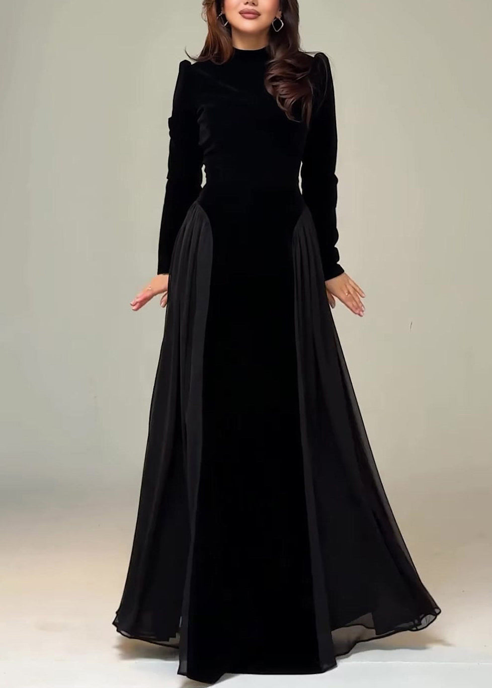 Slim Fit Black Tie Waist Chiffon Patchwork Maxi Dress Spring