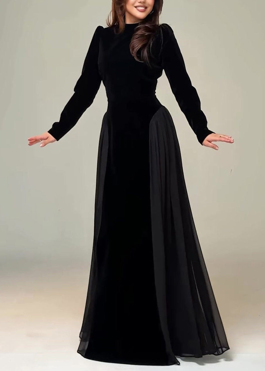 Slim Fit Black Tie Waist Chiffon Patchwork Maxi Dress Spring