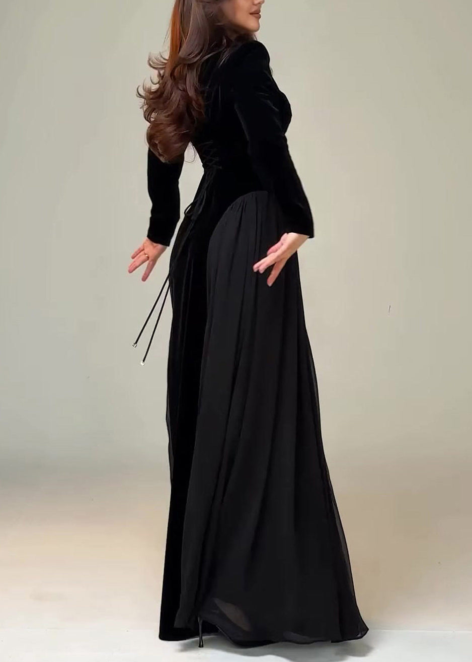 Slim Fit Black Tie Waist Chiffon Patchwork Maxi Dress Spring