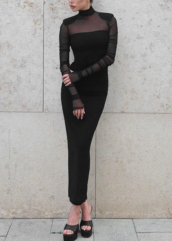 Slim Fit Black Tulle Patchwork Maxi Dresses Spring