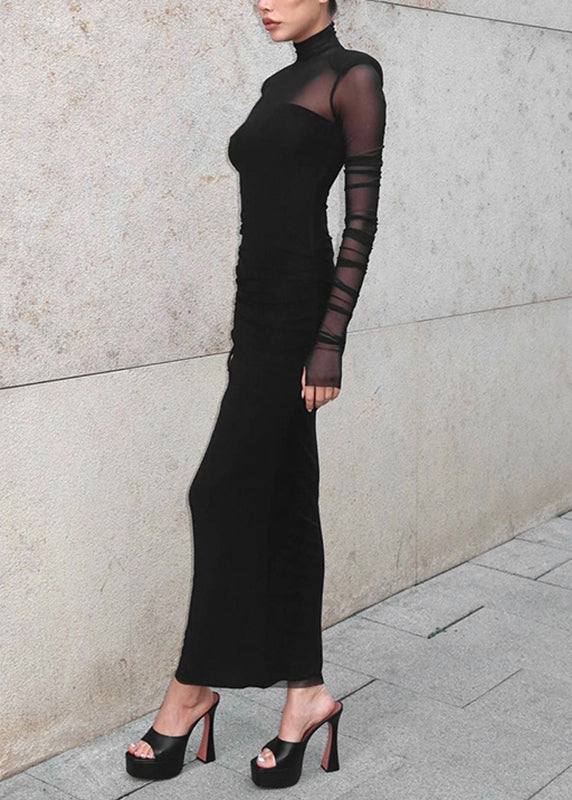 Slim Fit Black Tulle Patchwork Maxi Dresses Spring