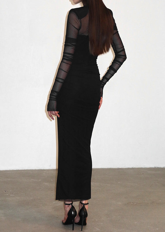 Slim Fit Black Tulle Patchwork Maxi Dresses Spring