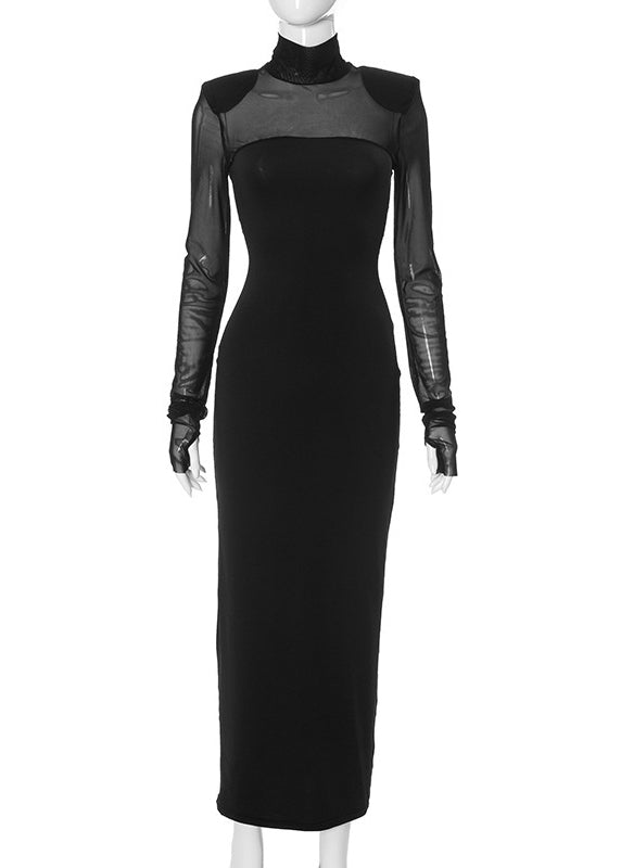 Slim Fit Black Tulle Patchwork Maxi Dresses Spring