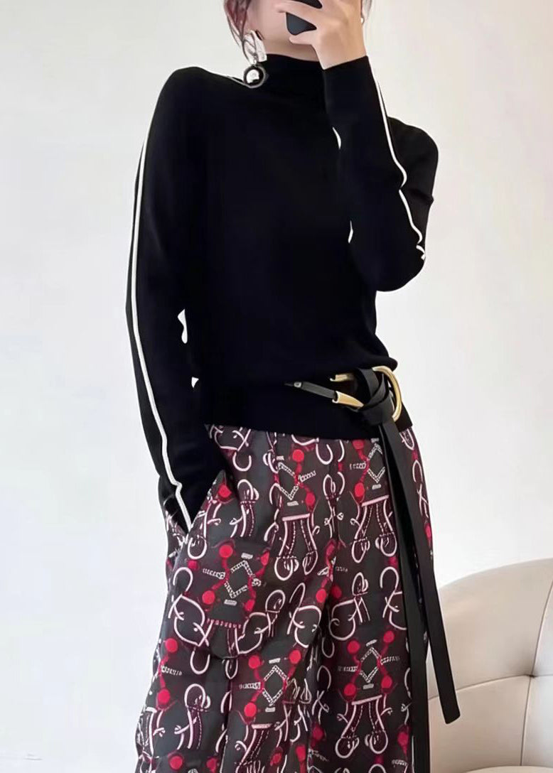 Slim Fit Black Turtleneck Contrast Piping Knit Tops Fall