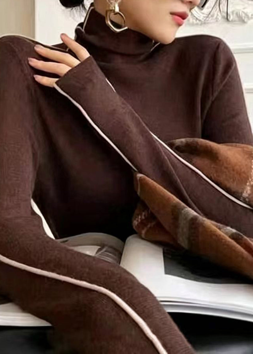 Slim Fit Black Turtleneck Contrast Piping Knit Tops Fall