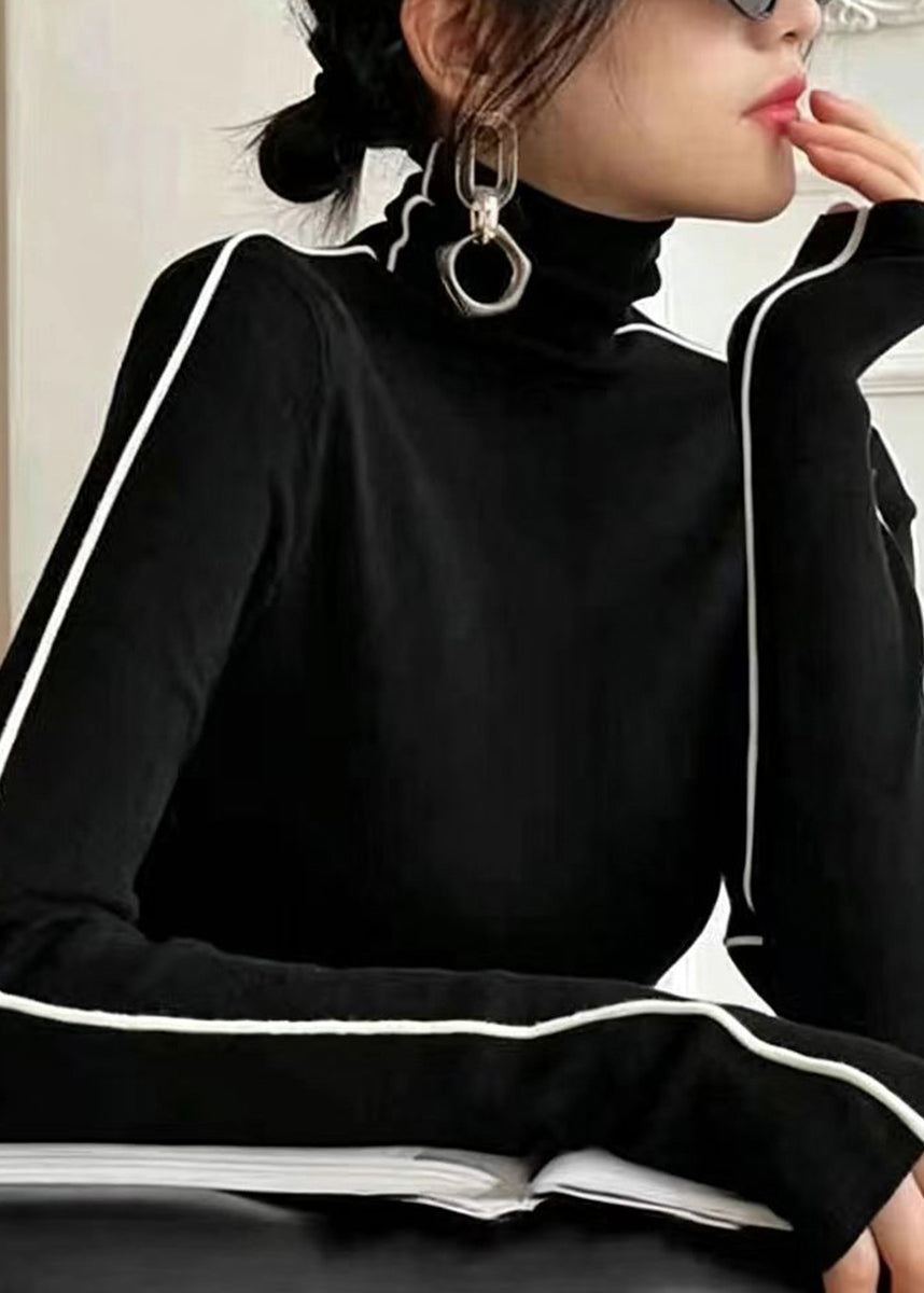 Slim Fit Black Turtleneck Contrast Piping Knit Tops Fall