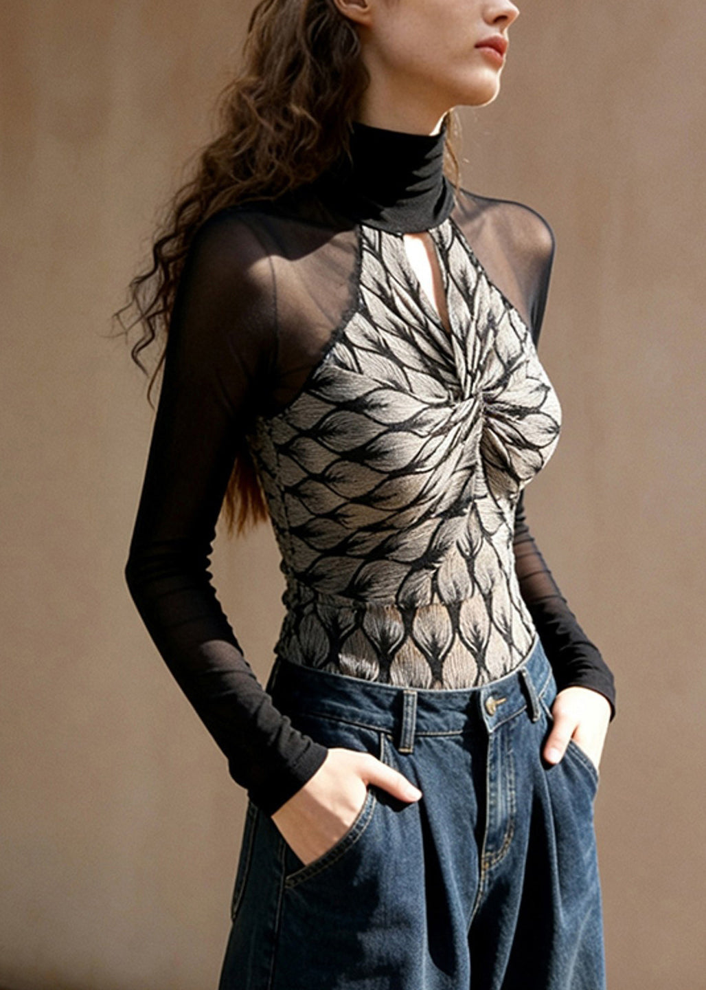 Slim Fit Black Turtleneck Hollow Out Tulle Patchwork T Shirt Spring