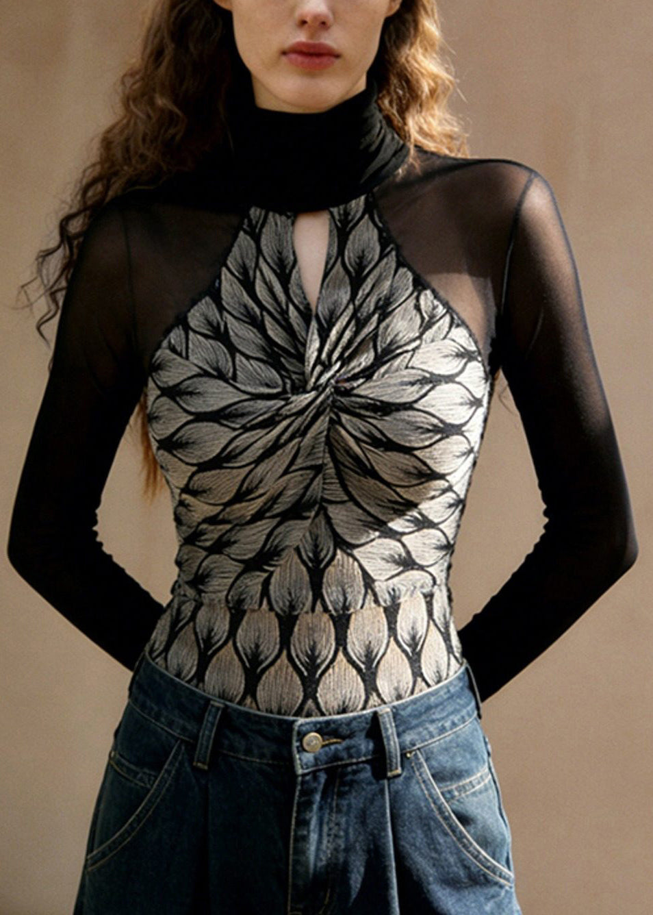 Slim Fit Black Turtleneck Hollow Out Tulle Patchwork T Shirt Spring