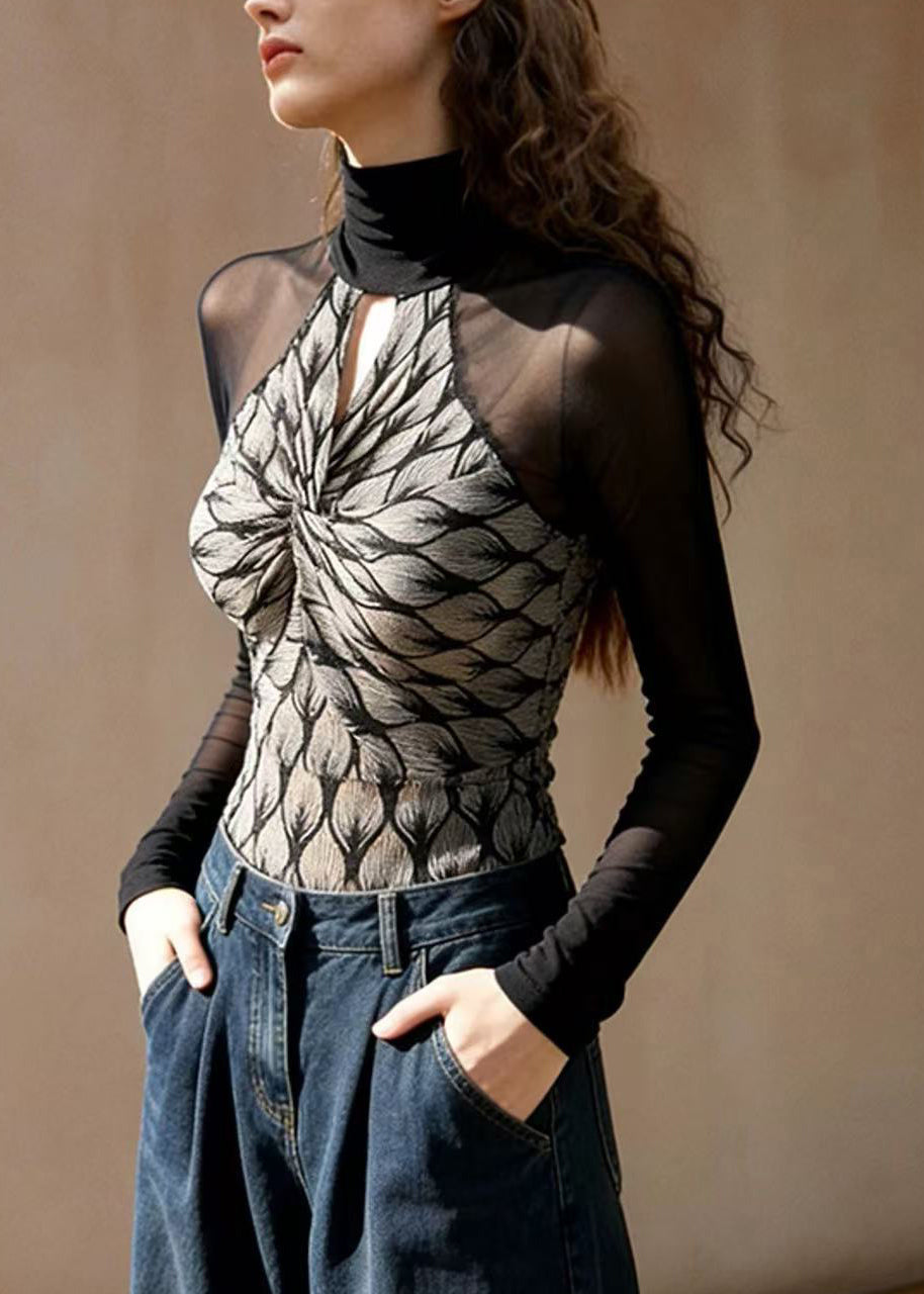 Slim Fit Black Turtleneck Hollow Out Tulle Patchwork T Shirt Spring