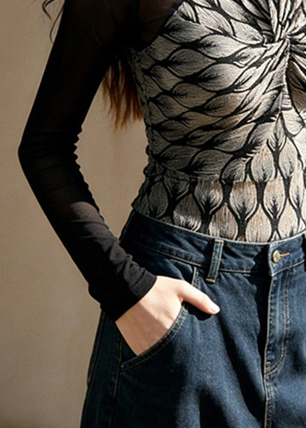 Slim Fit Black Turtleneck Hollow Out Tulle Patchwork T Shirt Spring