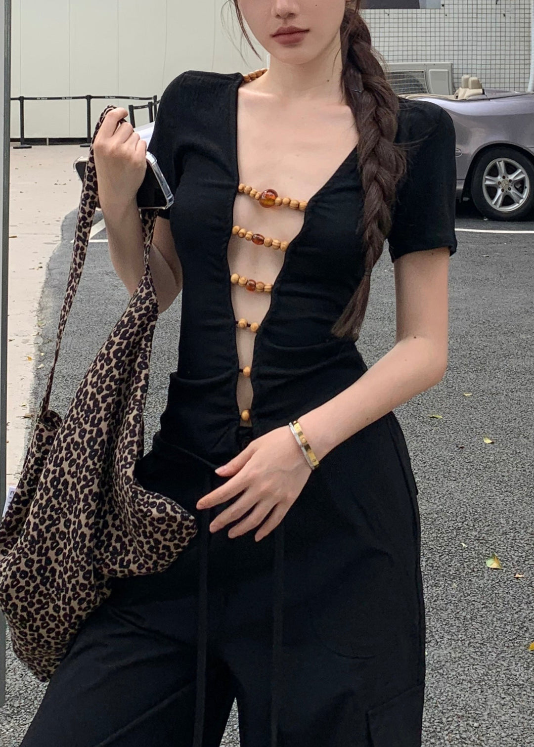 Slim Fit Black V Neck Beading Hollow Out Cotton T Shirts