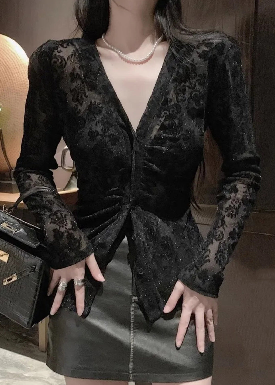 Slim Fit Black V Neck Button Flocking Tulle Top Spring