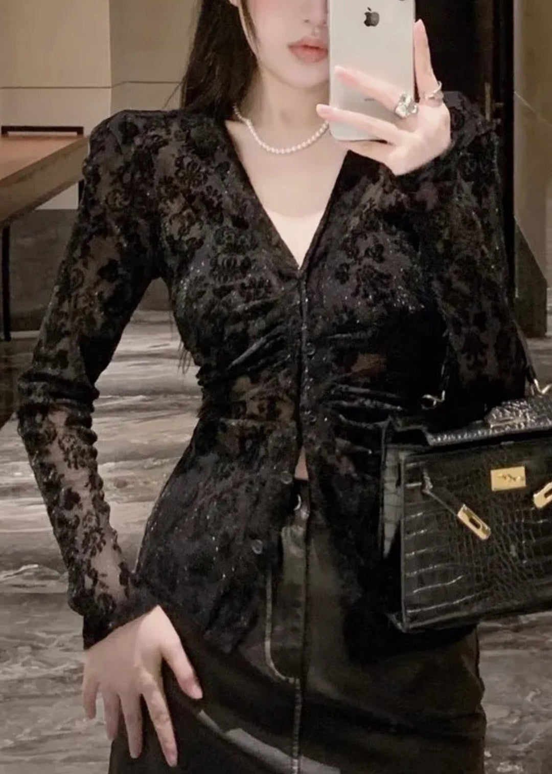Slim Fit Black V Neck Button Flocking Tulle Top Spring