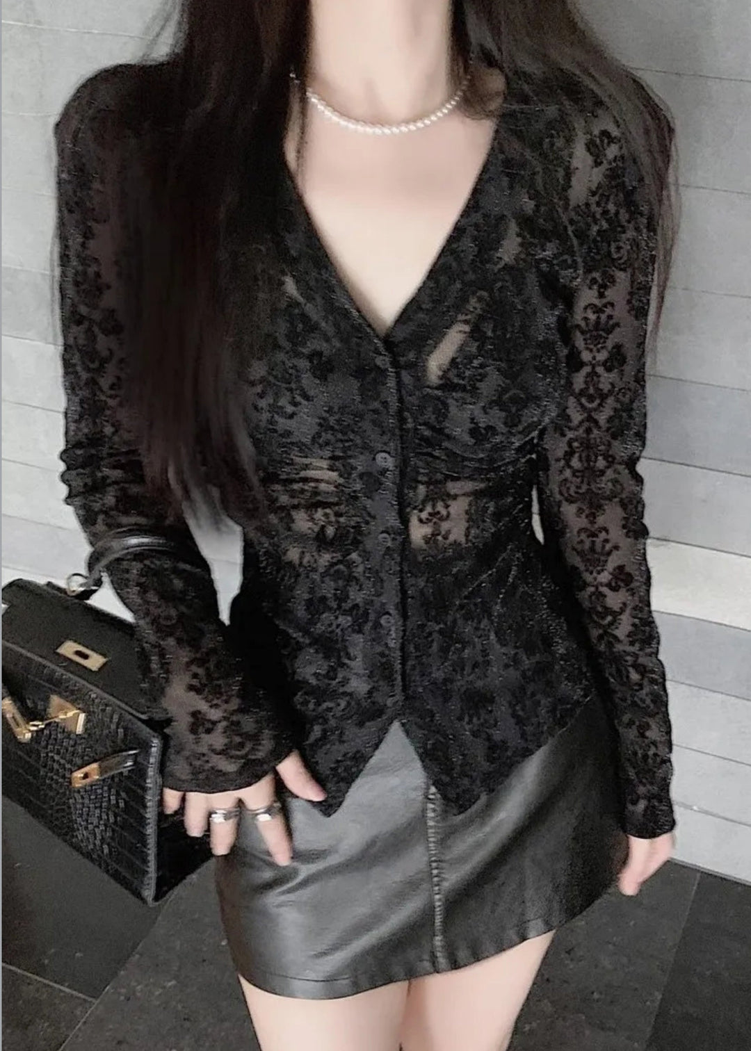 Slim Fit Black V Neck Button Flocking Tulle Top Spring