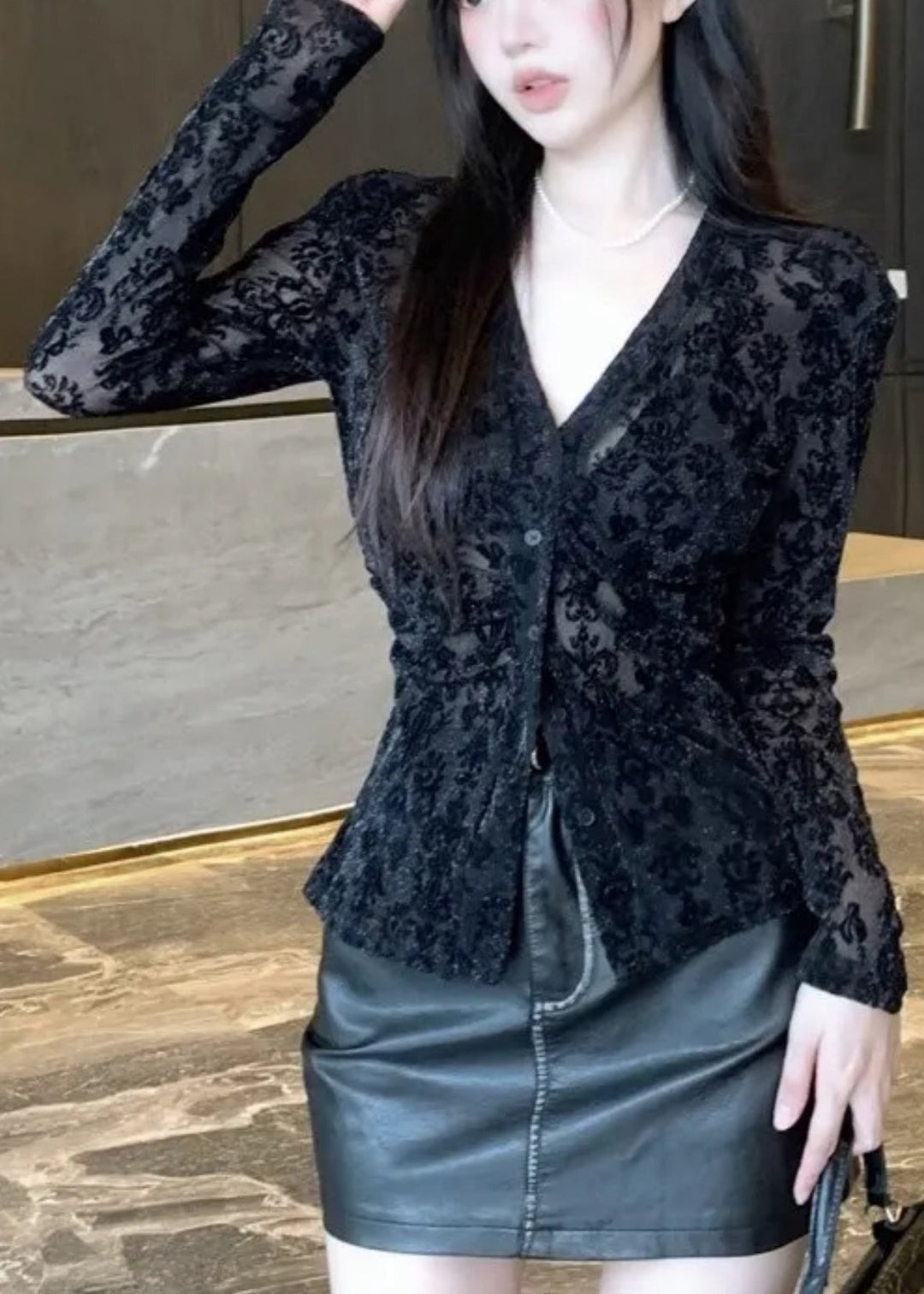 Slim Fit Black V Neck Button Flocking Tulle Top Spring